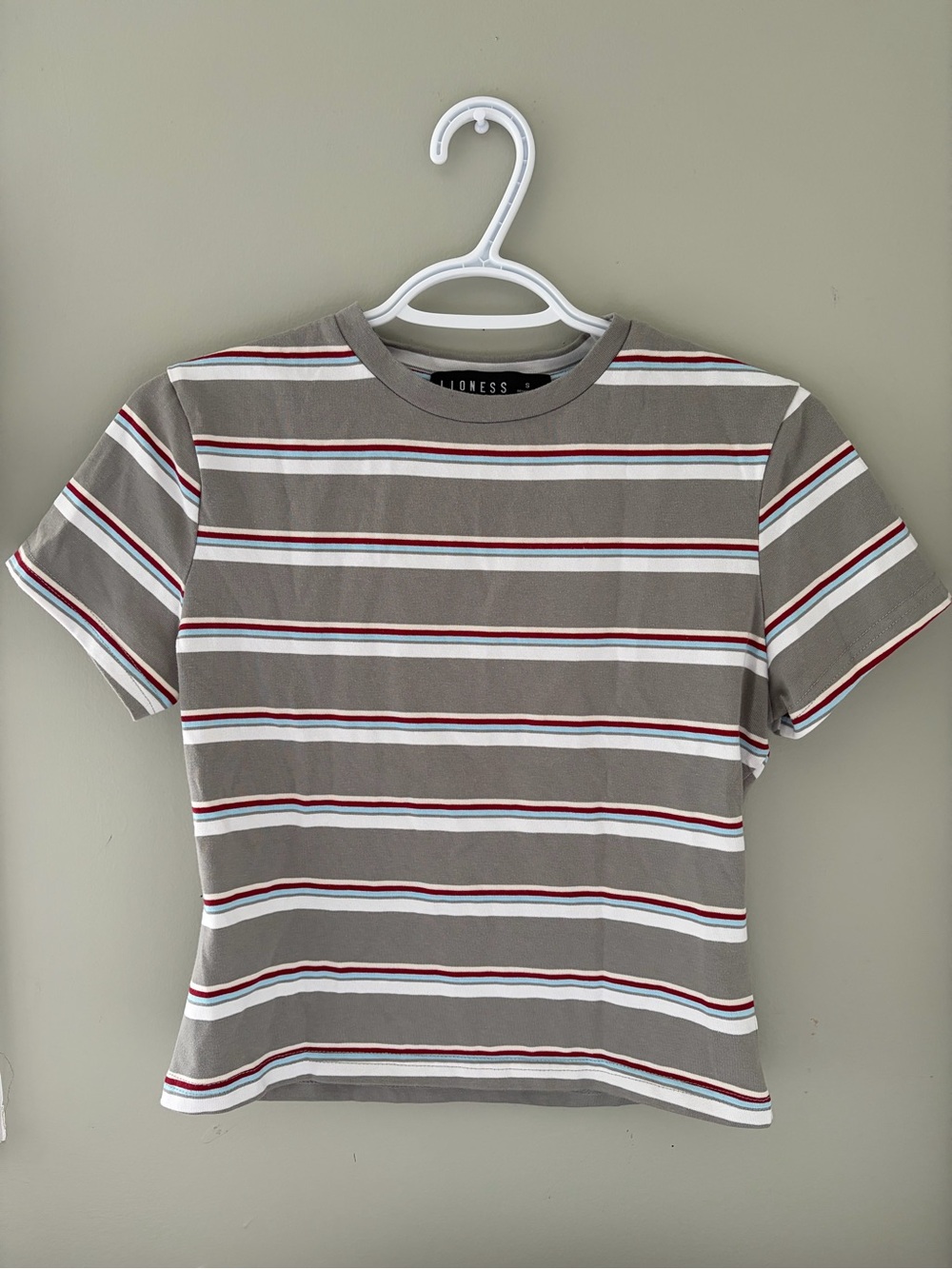 Lioness Short Sleeve Striped Tee in Grey, White & Red